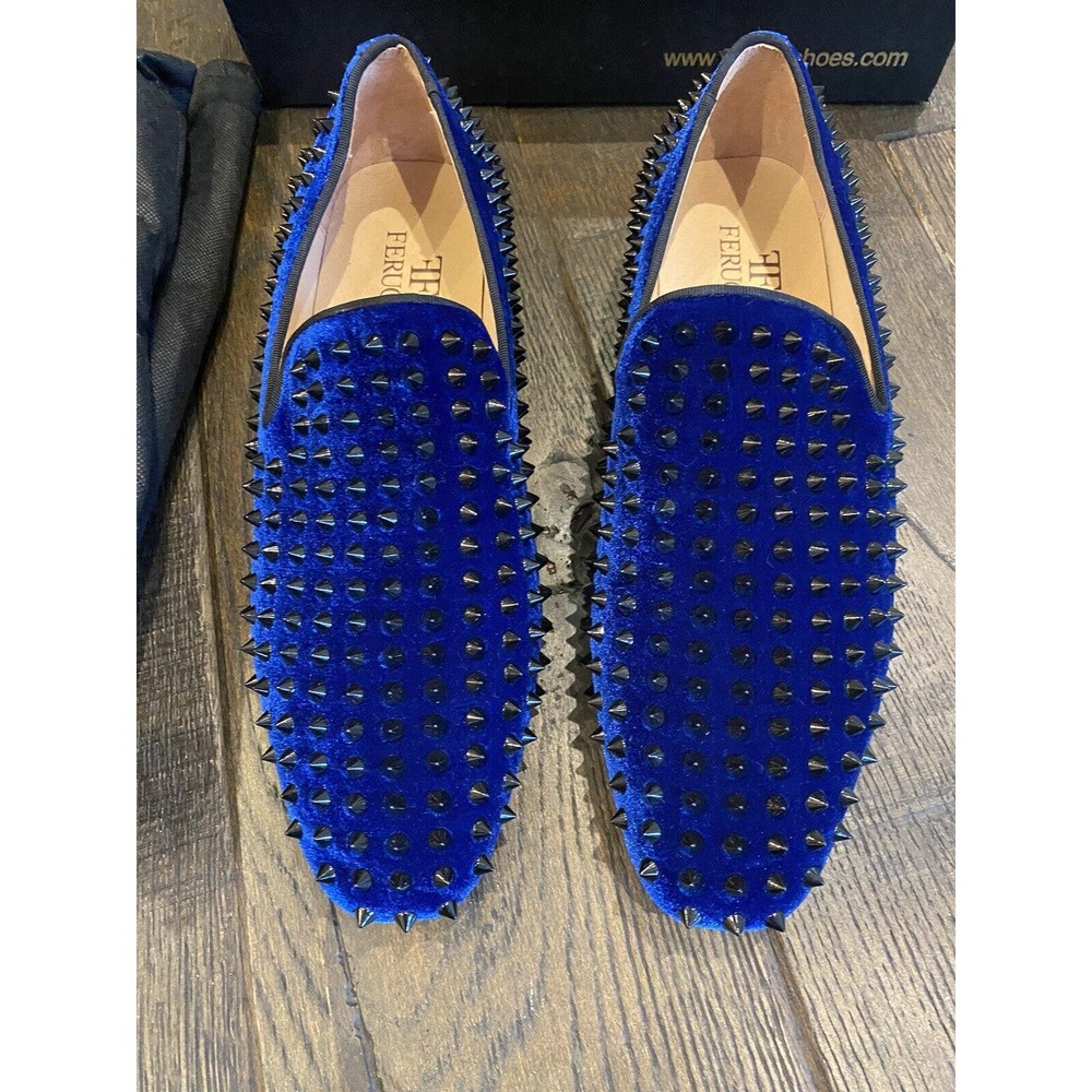 Men FERUCCI Blue Velvet Slippers Loafers Flat with Black Spikes size US 10 - Picture 9 of 11
